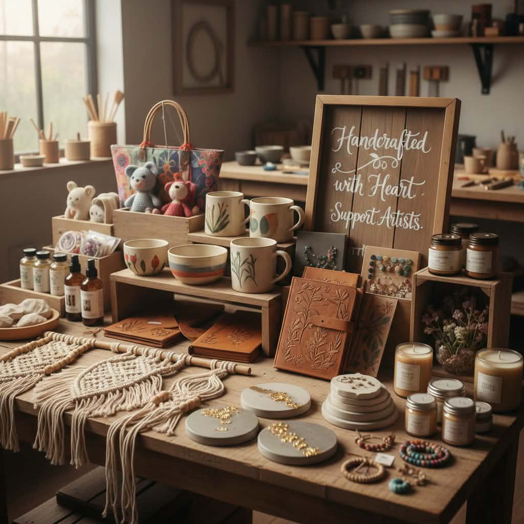 Hands crafting a handmade product at a wooden table